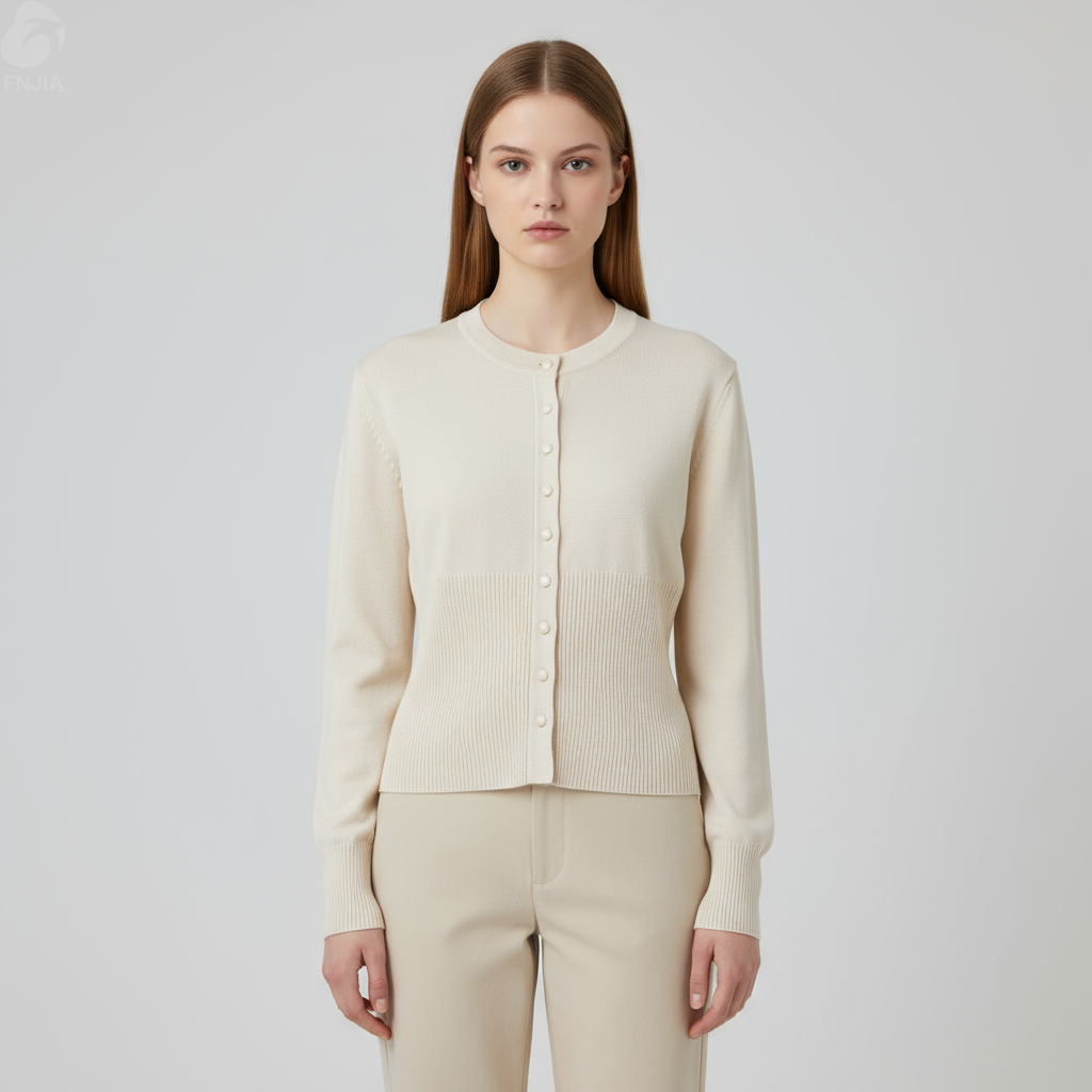 Женский кардиган из трикотажа в рубчик нейтральных тонов - FNJIA, изготовленный на заказ по индивидуальному заказу-FNJ250091