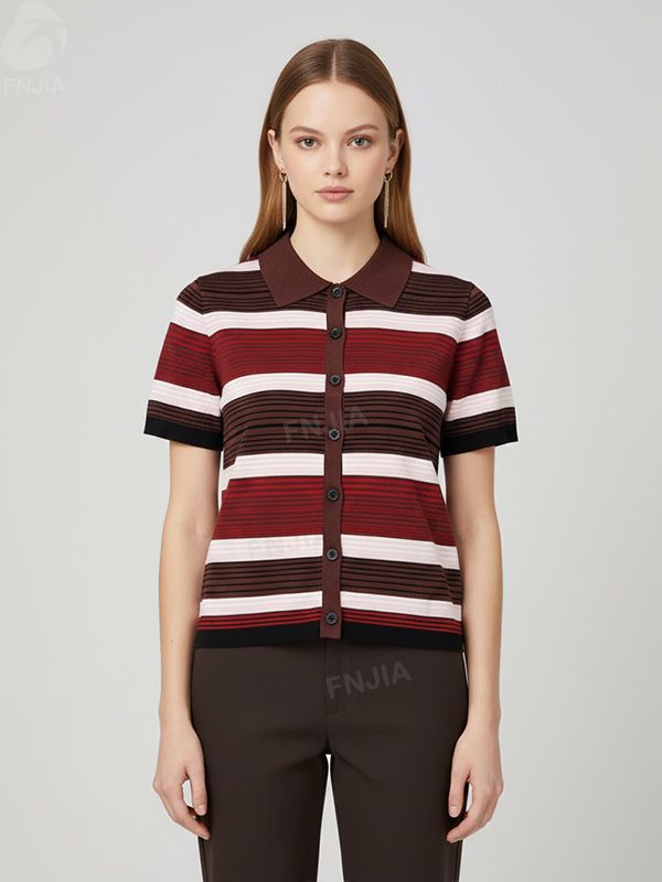 Женский вязаный кардиган-поло в бордовую полоску - FNJIA Custom Apparel Service-FNJ2500105