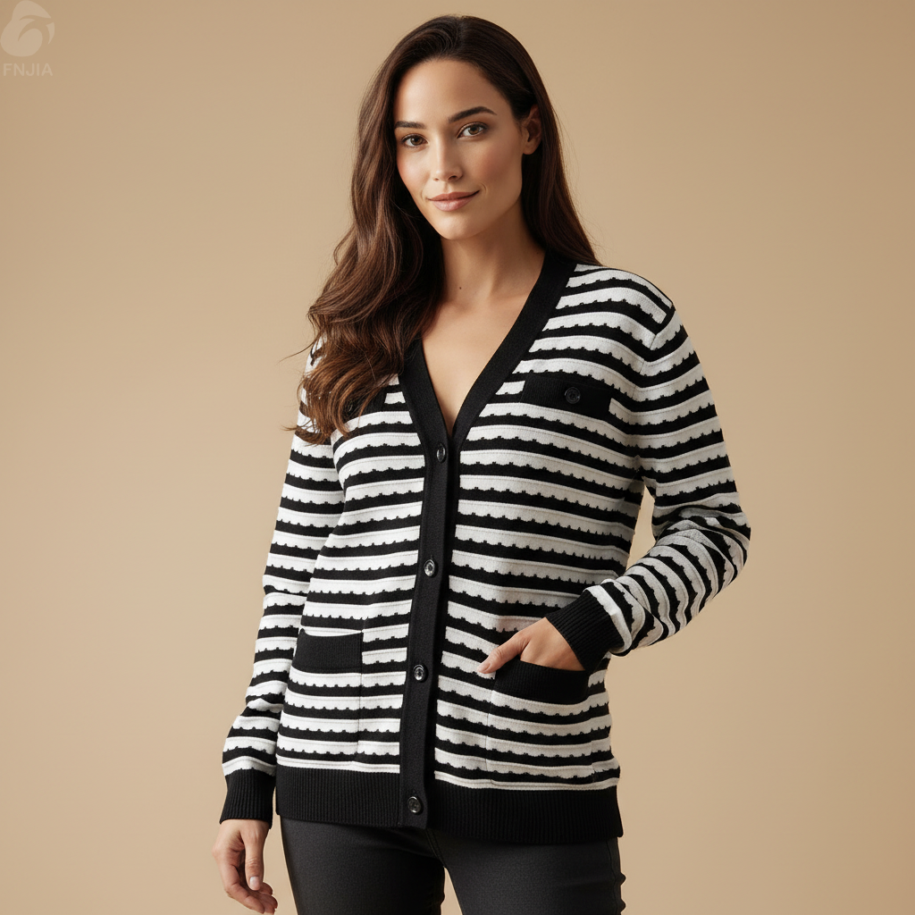 Женский кардиган в черно-белую полоску с гребешком - Изготовление на заказ-CPM2508-902