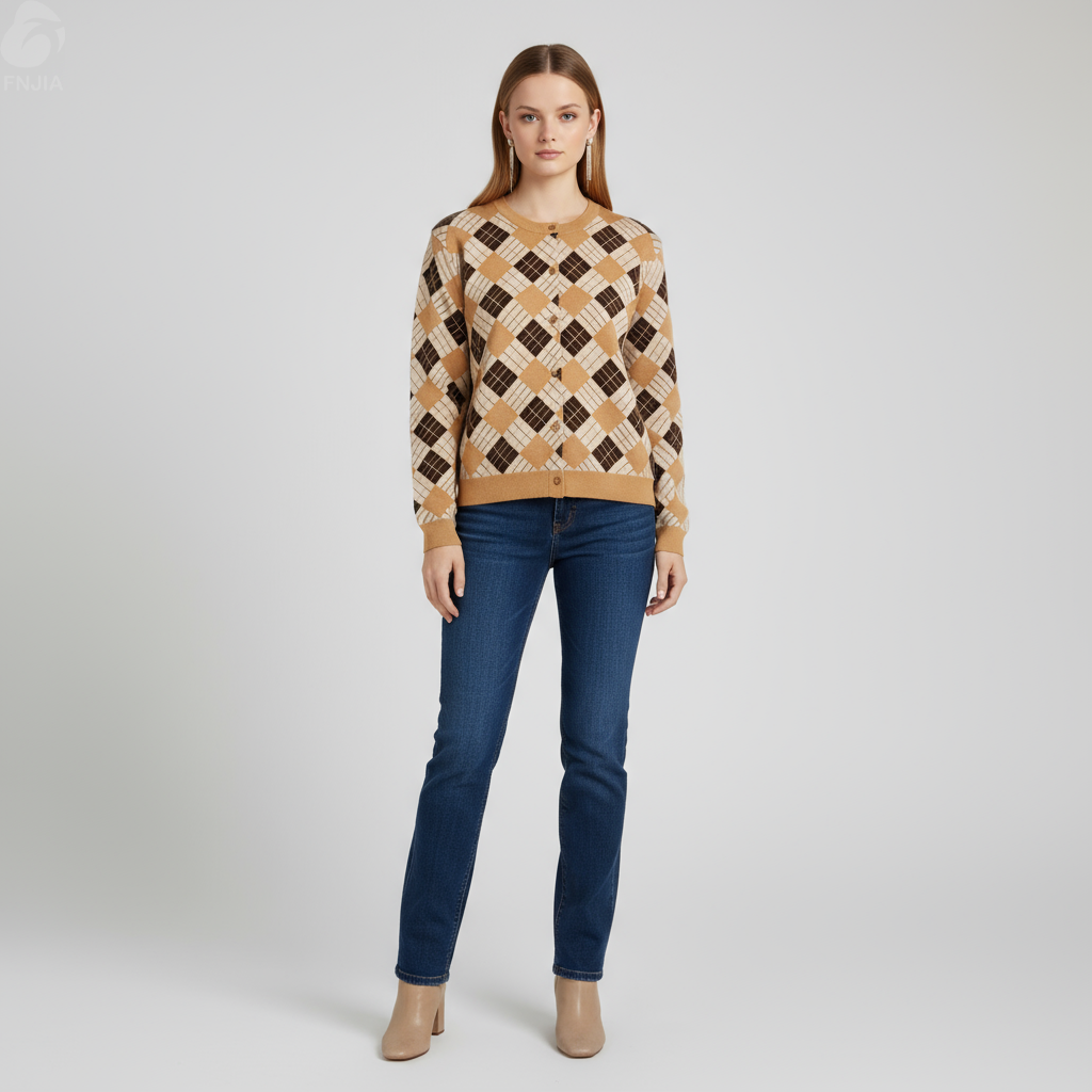 Женский вязаный кардиган из аргайла коричнево-коричневого цвета - FNJIA Custom Apparel Service-FNJ250095