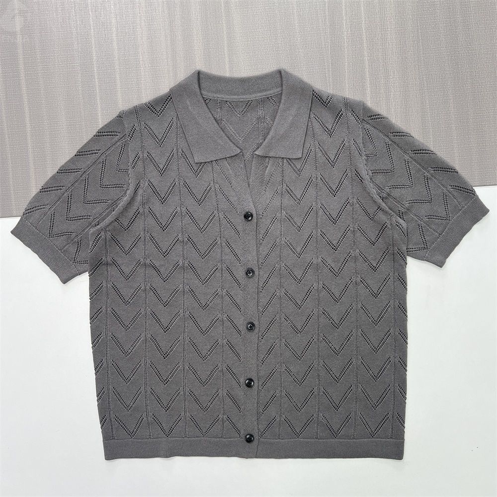 Женский серый кардиган-поло из трикотажа с шевронами - FNJIA Custom Apparel Service-CPM2508-905