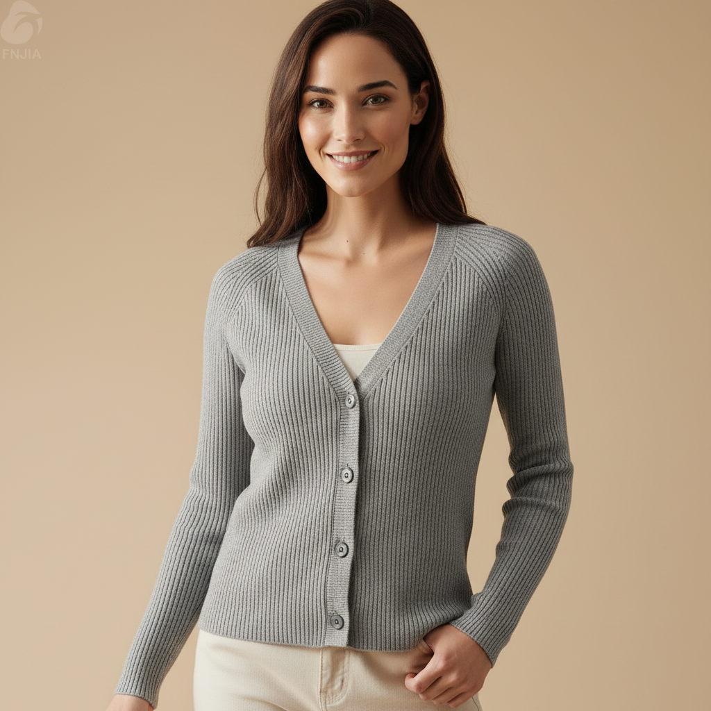 Женский серый кардиган в рубчик с V-образным вырезом - Полный цикл пошива одежды на заказ-CPM2508-903