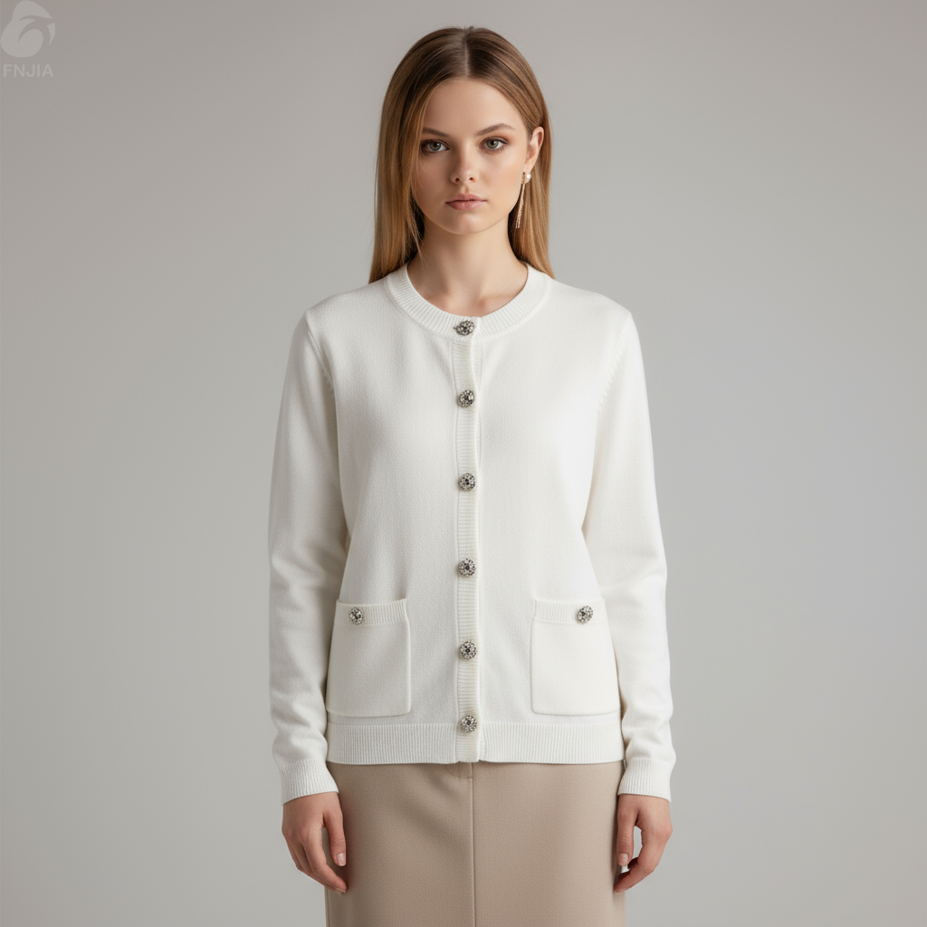 Женский белый вязаный кардиган с украшением на пуговицах - FNJIA Custom Apparel Service-FNJ250093