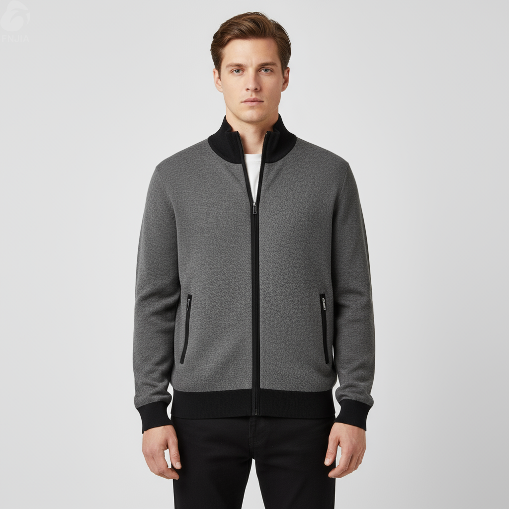 Мужская вязаная куртка на молнии в сером и черном цветах - FNJIA Custom Apparel Service-FNJ2500161
