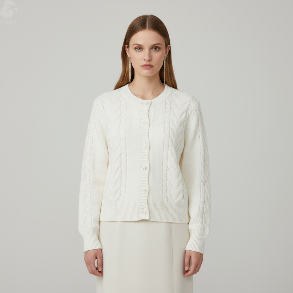Женский белый кардиган крупной вязки - FNJIA Custom Apparel Service-FNJ250089