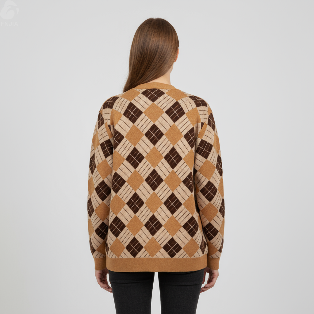 Женский вязаный кардиган из аргайла коричнево-коричневого цвета - FNJIA Custom Apparel Service-FNJ250095