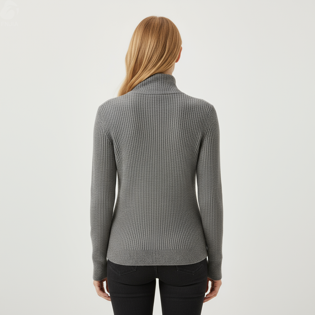 Женский серый кардиган-водолазка в рубчик на молнии с высоким воротом - FNJIA Custom Apparel Service-FNJ250090