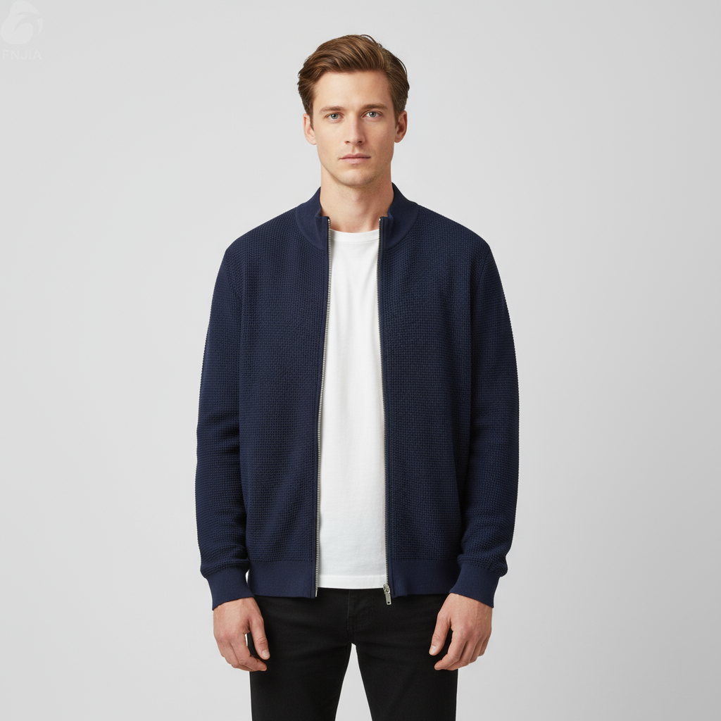 Мужская темно-синяя куртка из вафельного трикотажа на молнии - FNJIA Custom Apparel Service-FNJ2500159