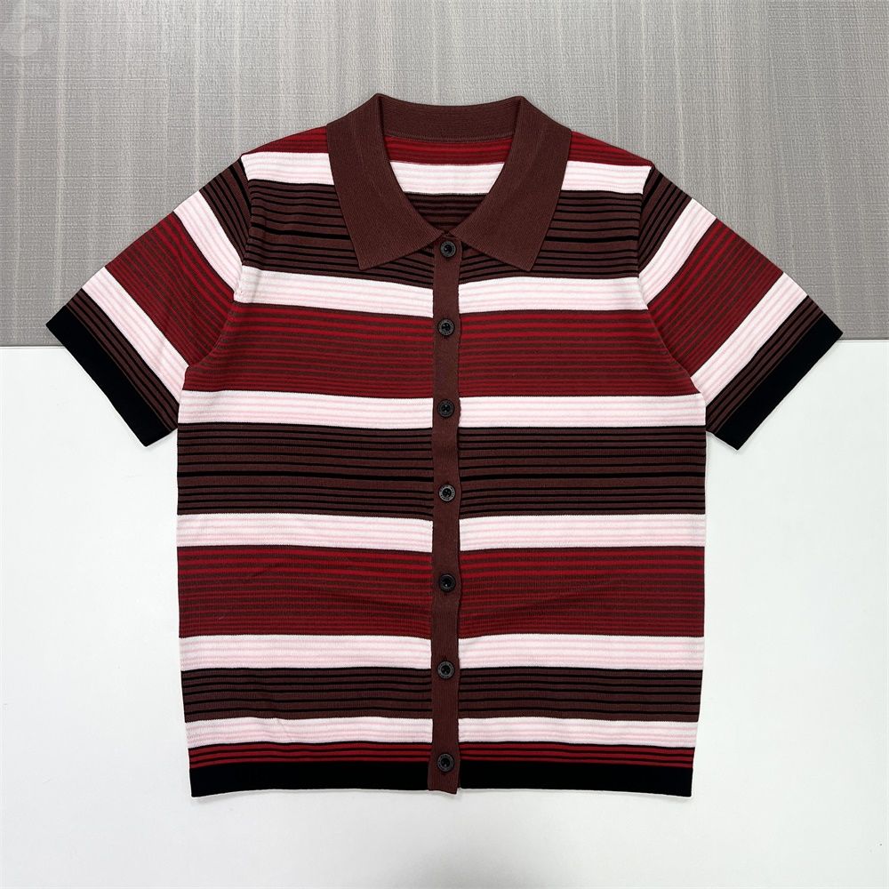 Женский вязаный кардиган-поло в бордовую полоску - FNJIA Custom Apparel Service-FNJ2500105