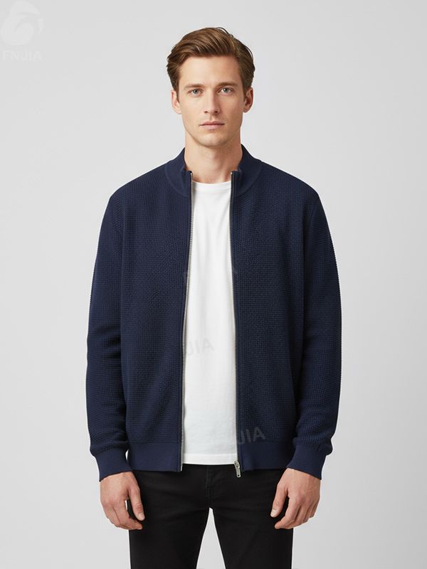 Мужская темно-синяя куртка из вафельного трикотажа на молнии - FNJIA Custom Apparel Service-FNJ2500159