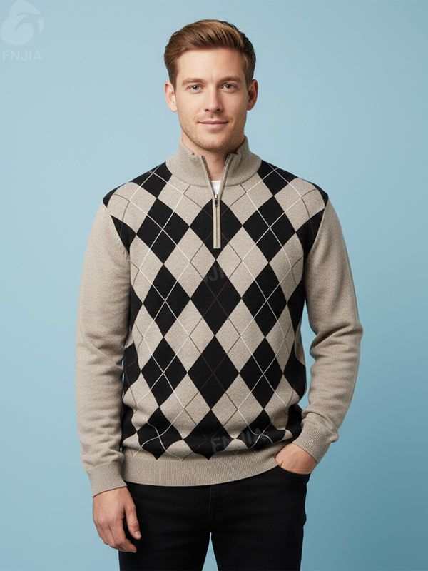 Мужской бежево-черный вязаный свитер из Аргайла на молнии до половины длины - FNJIA Custom Apparel Service