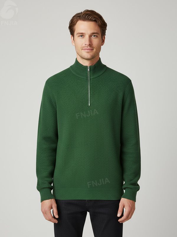 Мужской свитер изумрудно-зеленого цвета из трикотажа в рубчик с застежкой-молнией - FNJIA Custom Apparel Service