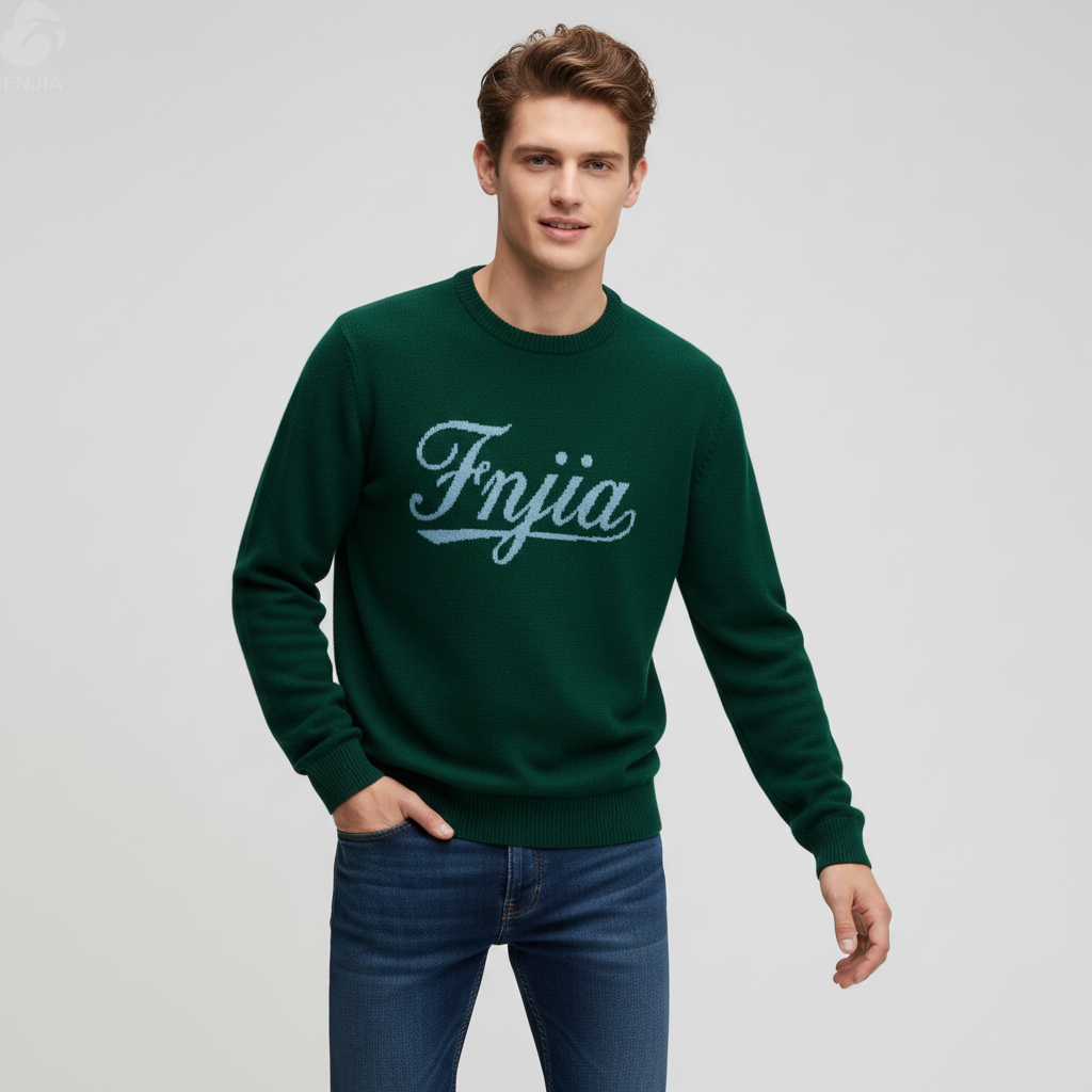 Мужской вязаный свитер изумрудно-зеленого цвета с буквенным тиснением - FNJIA Custom Apparel Service