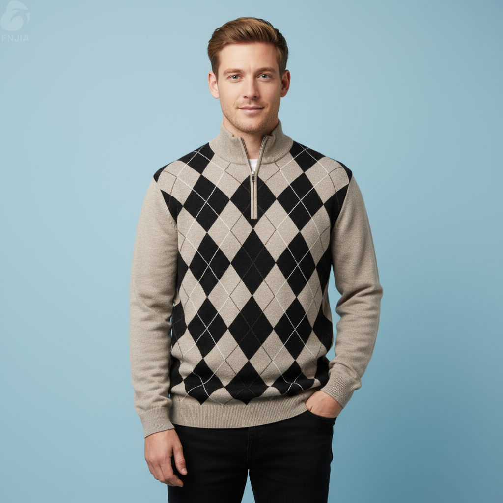 Мужской бежево-черный вязаный свитер из Аргайла на молнии до половины длины - FNJIA Custom Apparel Service