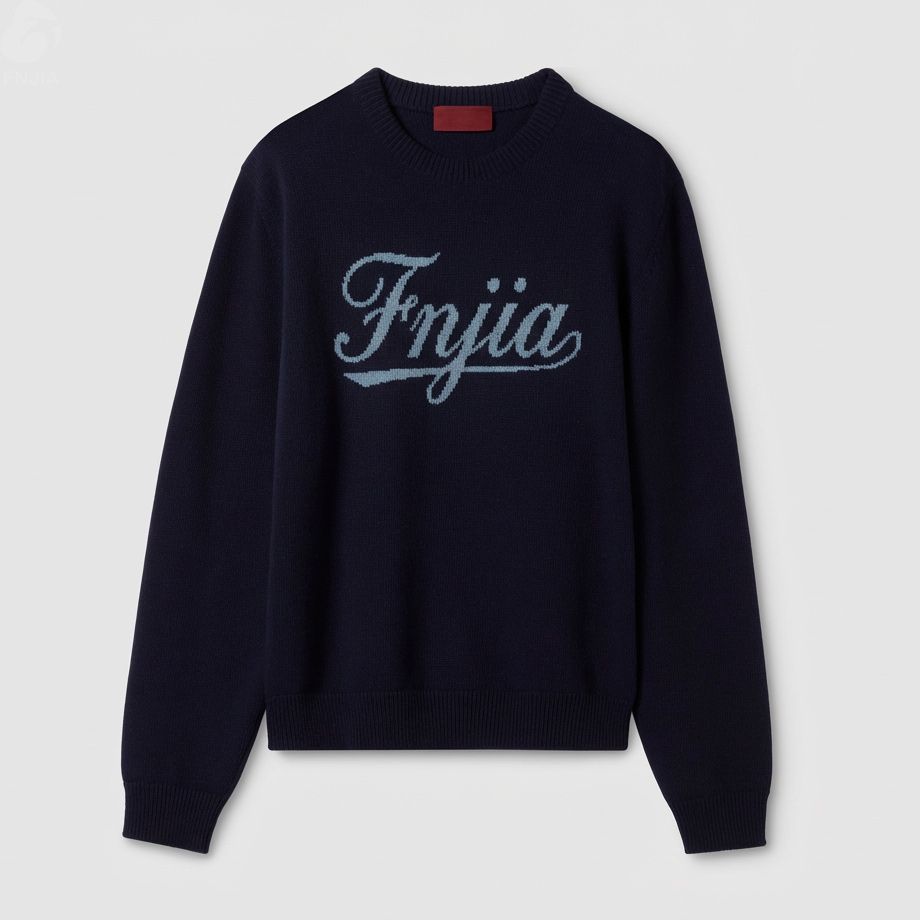 Мужской вязаный свитер темно-синего цвета с буквенным тиснением - FNJIA Custom Apparel Service