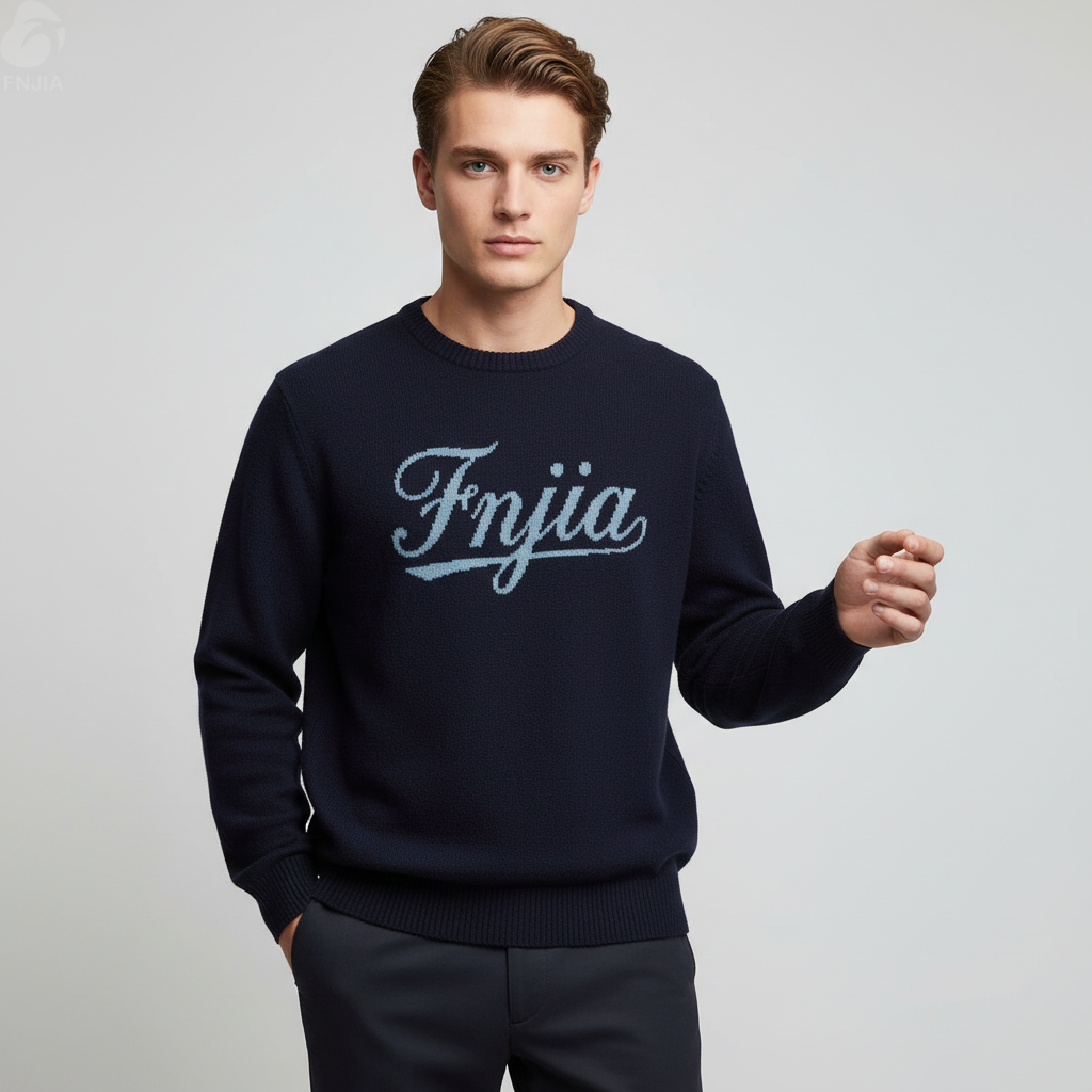 Мужской вязаный свитер темно-синего цвета с буквенным тиснением - FNJIA Custom Apparel Service
