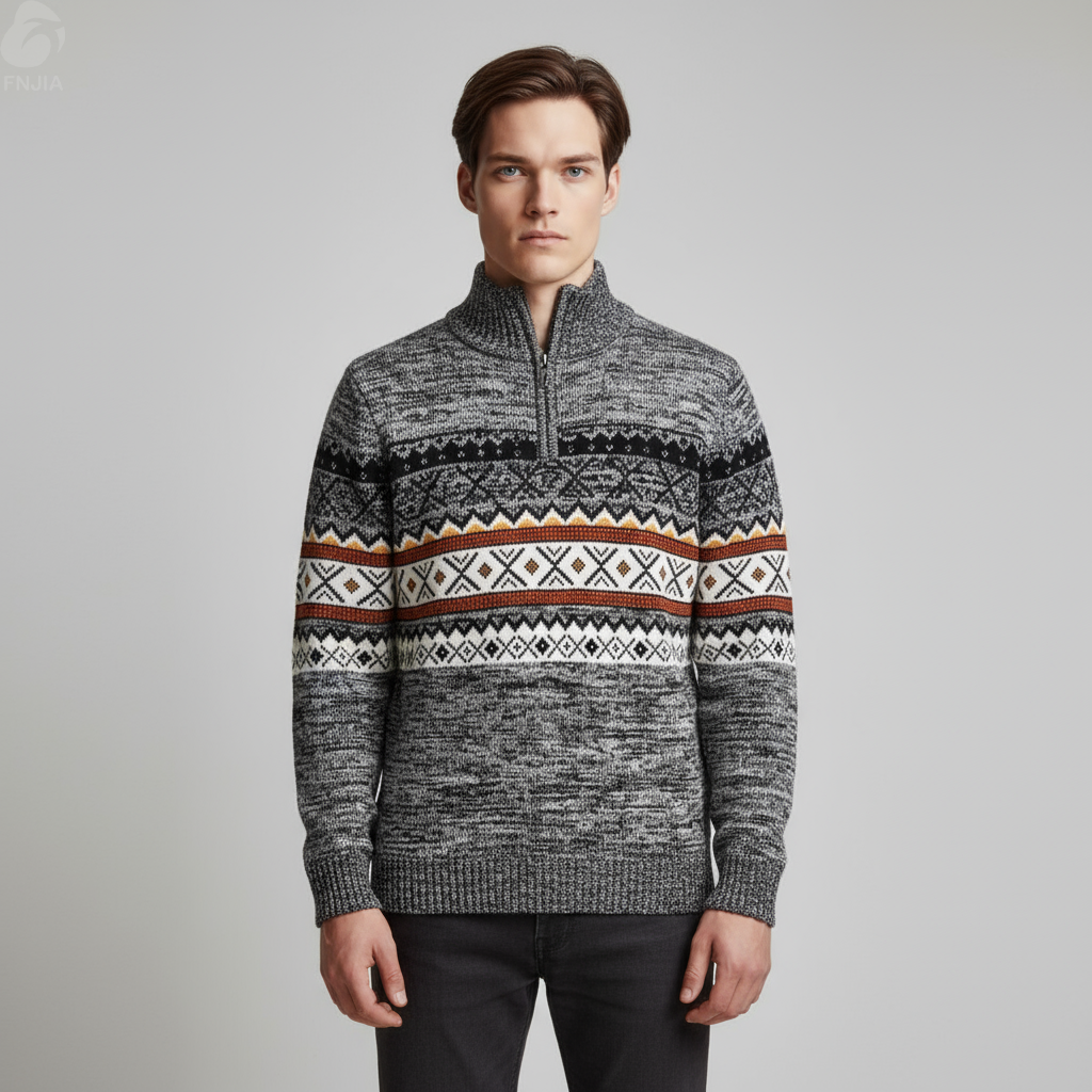Мужской вязаный свитер на молнии с этническим рисунком серого цвета под мрамор - FNJIA Custom Apparel Service