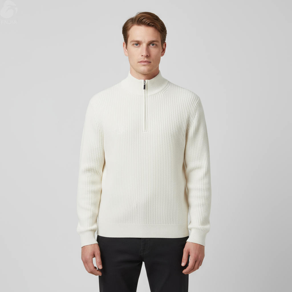 Мужской свитер кремовой вязки в рубчик на молнии - FNJIA Custom Apparel Service
