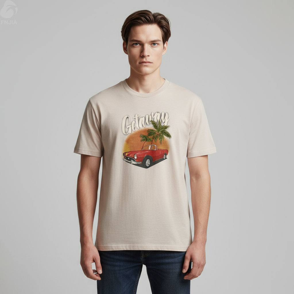 Мужская бежевая футболка с коротким рукавом в стиле ретро и принтом - FNJIA Custom Apparel Service