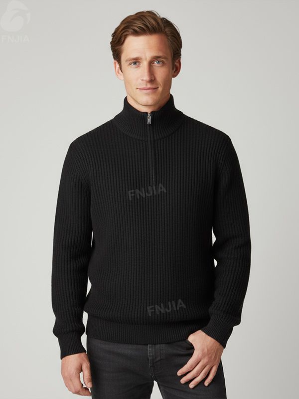 Мужской черный свитер с высоким воротом из трикотажа в рубчик на молнии - FNJIA Custom Apparel Service