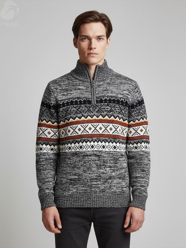 Мужской вязаный свитер на молнии с этническим рисунком серого цвета под мрамор - FNJIA Custom Apparel Service
