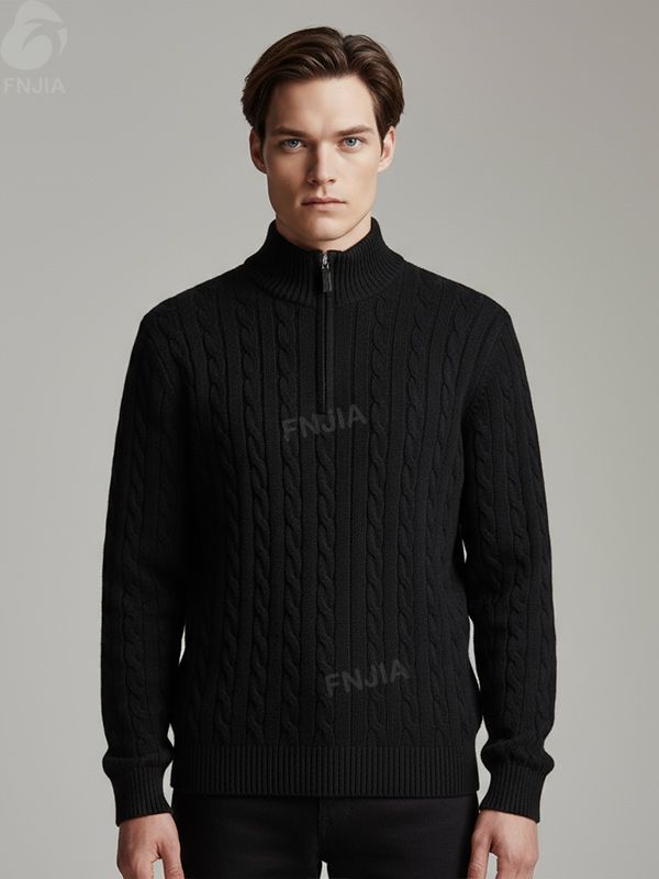 Мужской черный свитер кабельной вязки на молнии до половины длины - FNJIA Custom Apparel Service