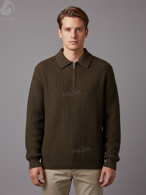 Мужской темно-коричневый свитер поло из трикотажа в рубчик на молнии - FNJIA Custom Apparel Service