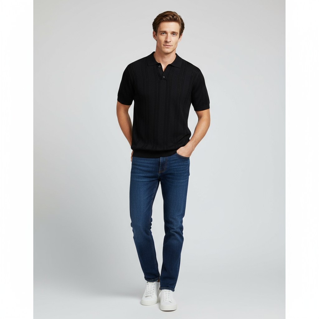 Мужская черная трикотажная рубашка поло в вертикальную полоску с текстурой, выполненная на заказ, с открытой планкой