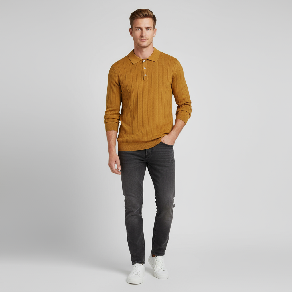 Мужская горчично-желтая рубашка-поло из вертикального трикотажа в рубчик с нестандартными рукавами и планкой