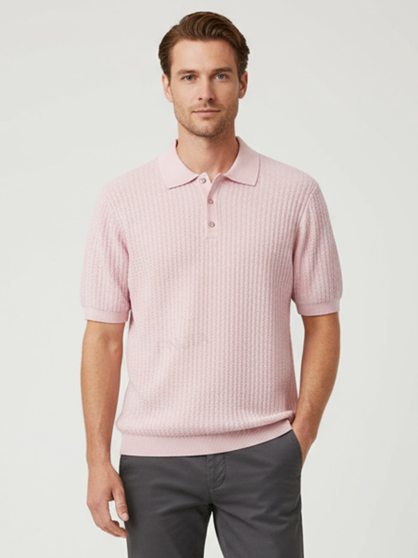 Мужское поло из текстурированного трикотажа пастельно-розового цвета-FNJIA Custom Apparel Service