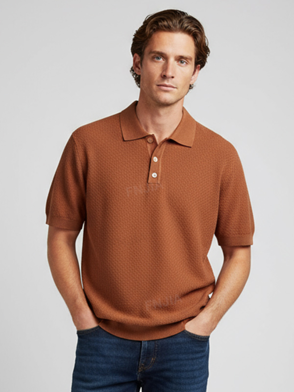 Мужская рубашка поло из вафельного трикотажа цвета жженого апельсина - Ткань и покрой на заказ