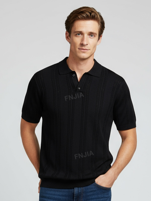 Мужская черная трикотажная рубашка поло в вертикальную полоску с текстурой, выполненная на заказ, с открытой планкой