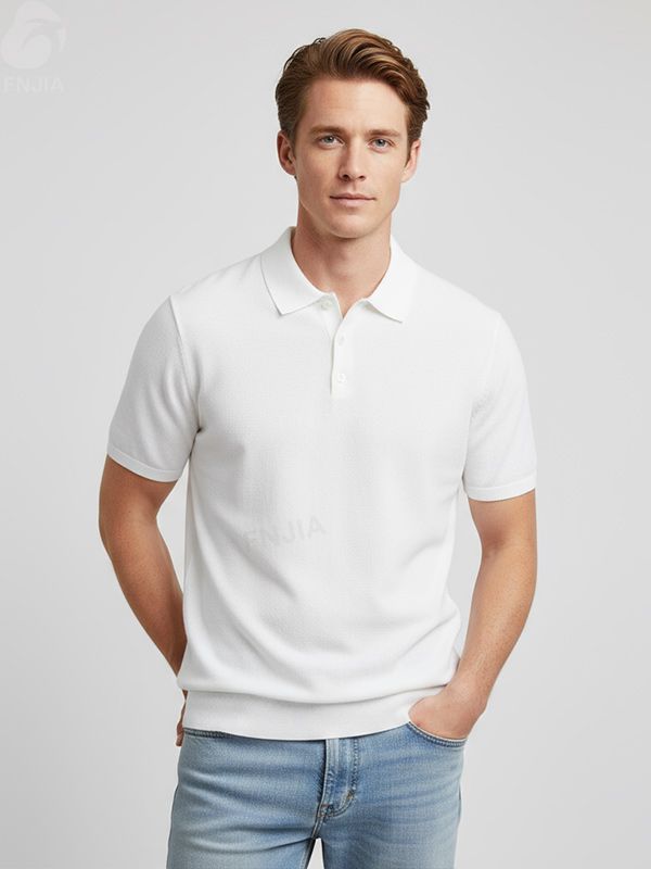 Мужское белое поло из текстурированного трикотажа - FNJIA Custom Apparel Service