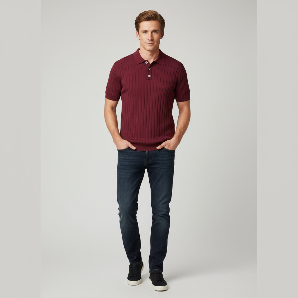 Мужская рубашка поло из вертикального трикотажа в рубчик темно-бордового цвета с контрастными пуговицами на заказ