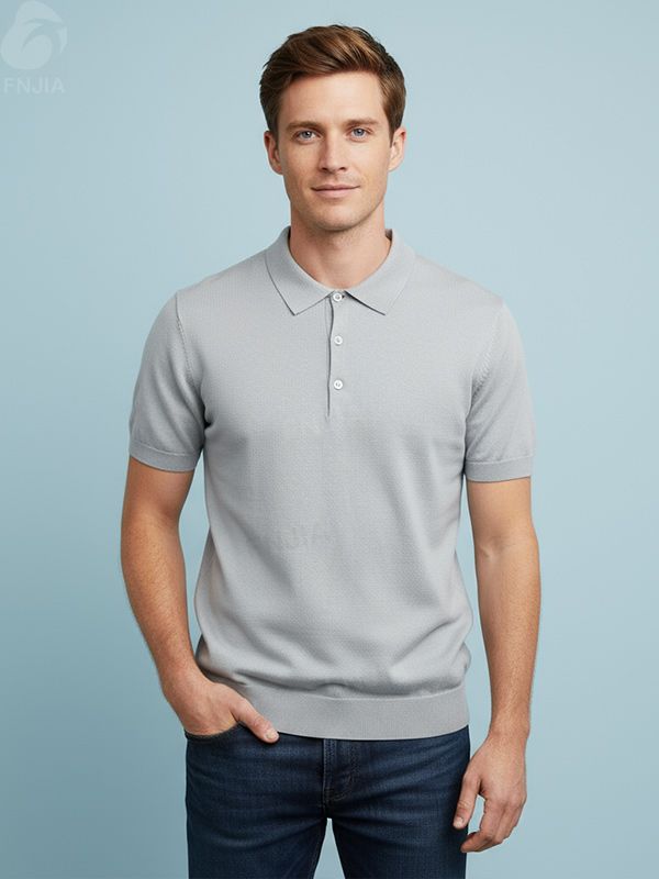 Мужское светло-серое поло из тонкого трикотажа в рубчик-FNJIA Custom Apparel Service