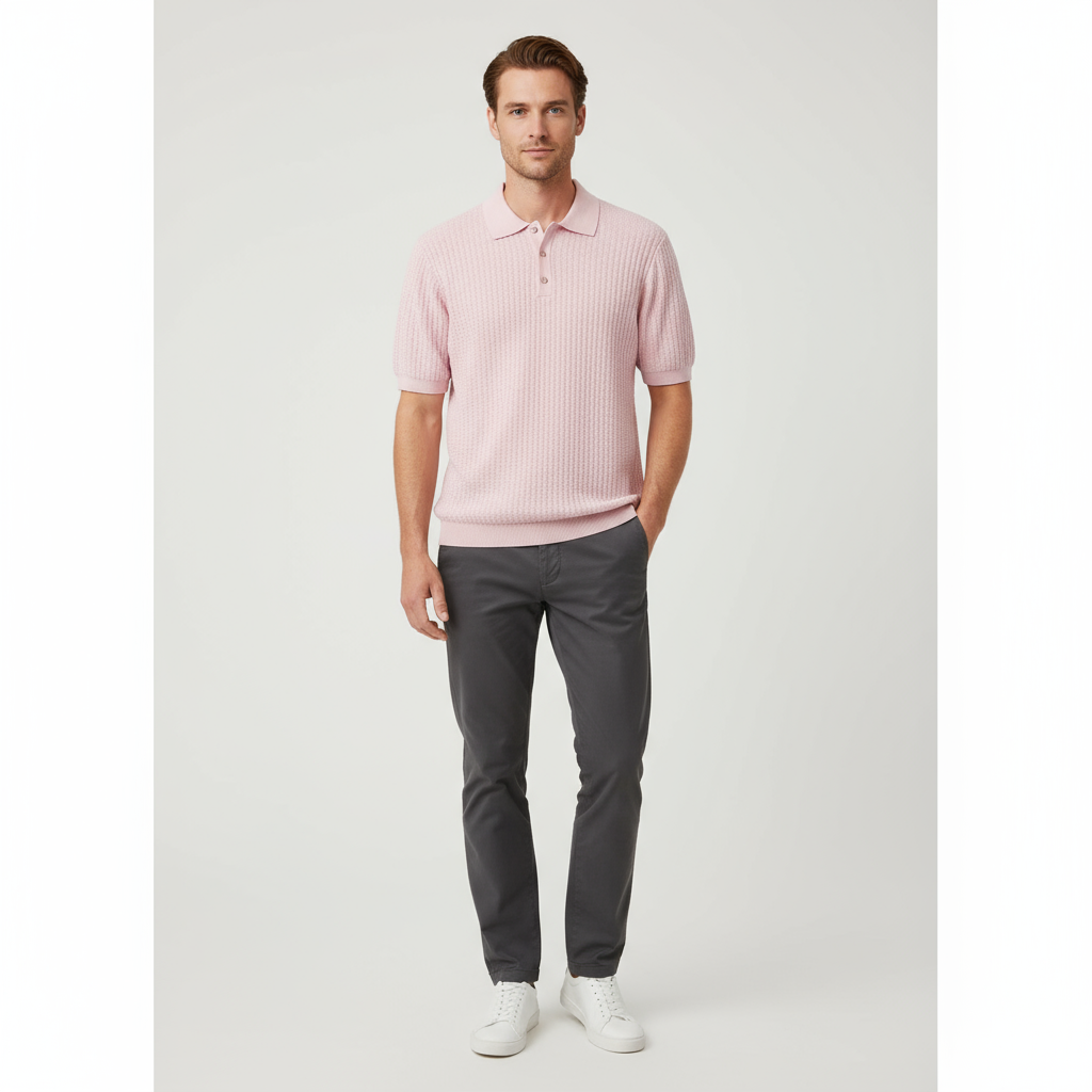 Мужское поло из текстурированного трикотажа пастельно-розового цвета-FNJIA Custom Apparel Service
