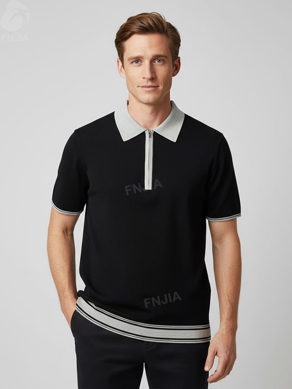 Мужское вязаное поло черного и серого цветов с контрастной отделкой - FNJIA Custom Apparel Service