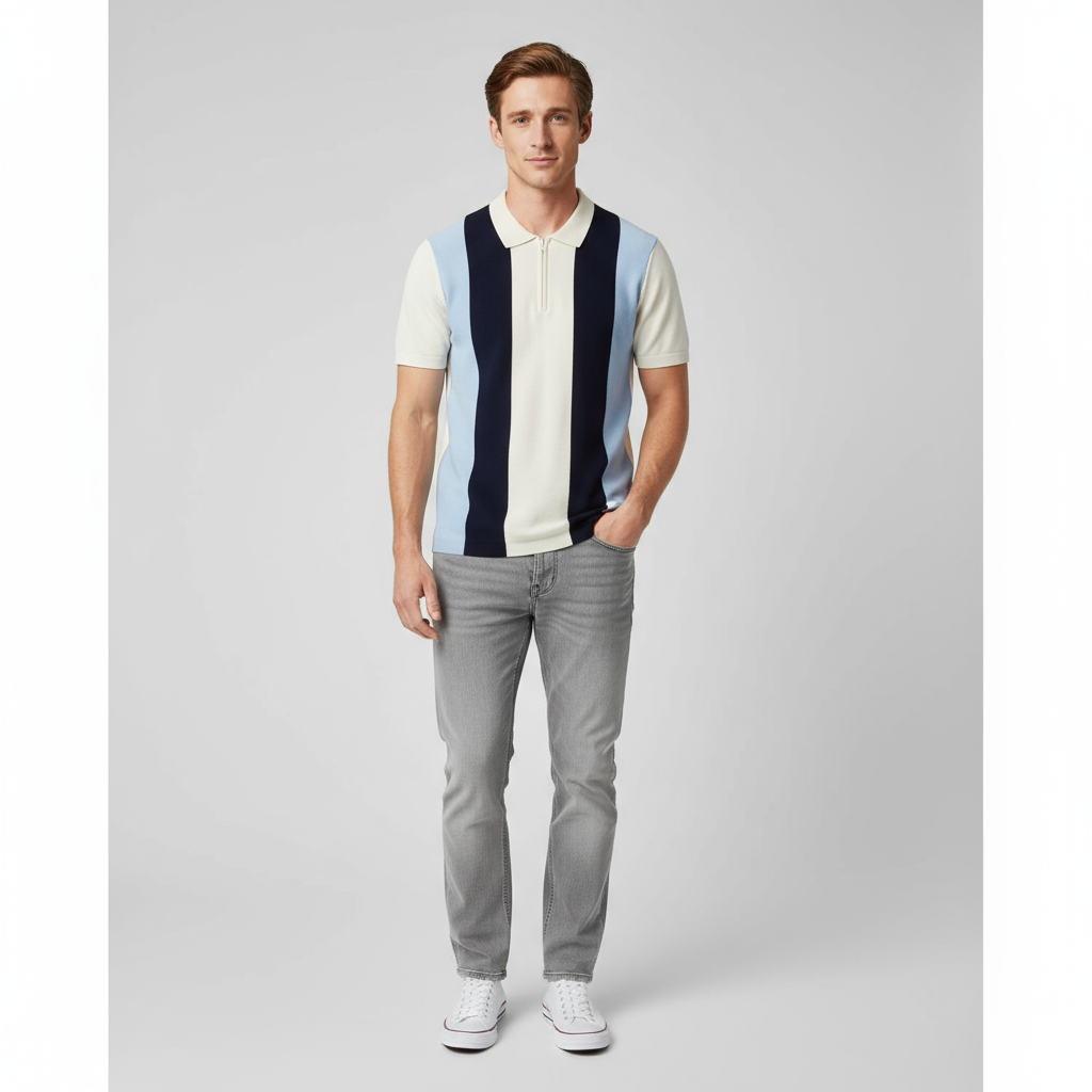 Мужское трикотажное поло в полоску с цветными блоками и застежкой-молнией до половины длины - FNJIA Custom Apparel Service