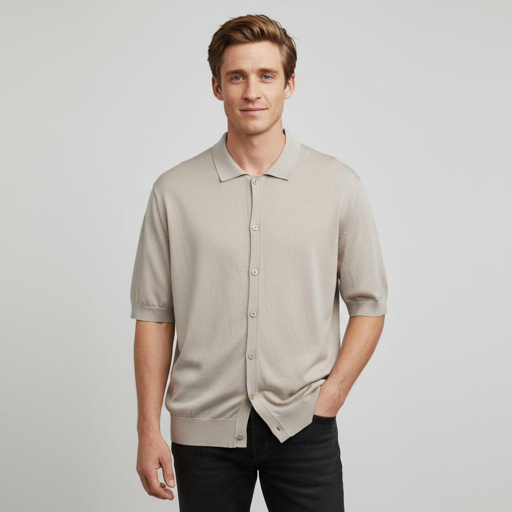 Мужское бежевое трикотажное поло на пуговицах - FNJIA Custom Apparel Service