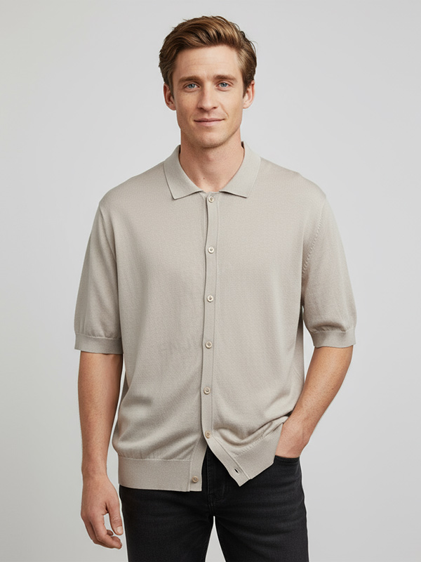 Мужское бежевое трикотажное поло на пуговицах - FNJIA Custom Apparel Service