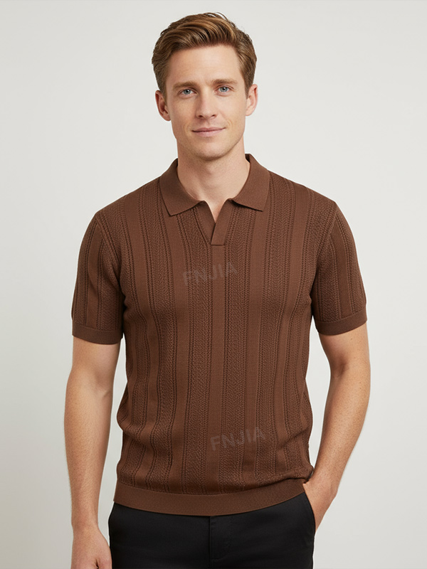 Мужская трикотажная рубашка поло в вертикальную полоску с рисунком каштаново-коричневого цвета, выполненная из текстурированного переплетения на заказ