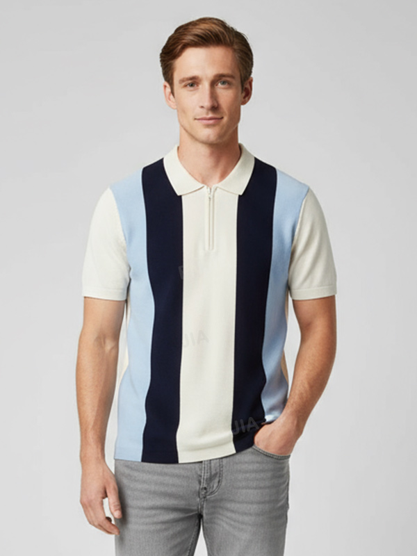 Мужское трикотажное поло в полоску с цветными блоками и застежкой-молнией до половины длины - FNJIA Custom Apparel Service