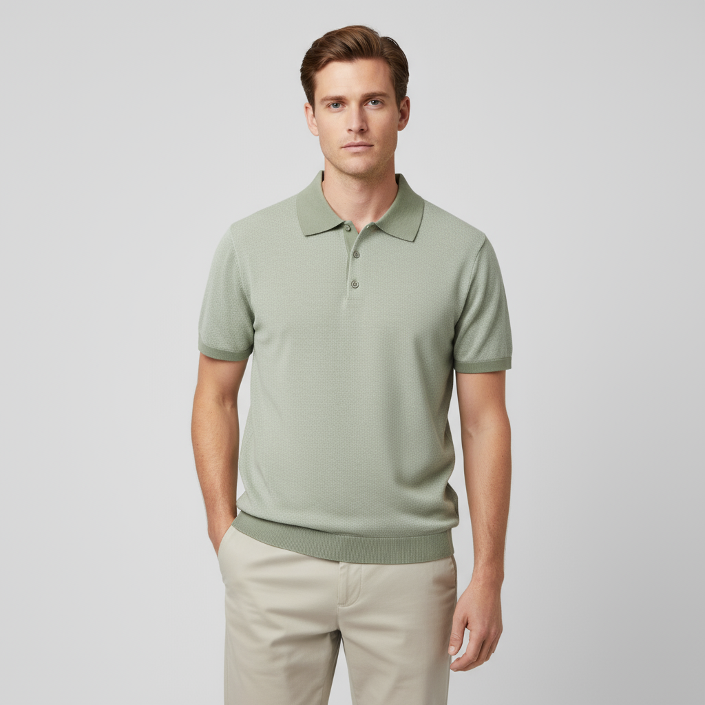 Мужское поло из трикотажа с тонкой текстурой цвета шалфея - FNJIA Custom Apparel Service.