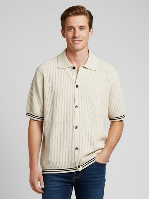 Мужской кардиган поло кремового цвета из трикотажа в рубчик с отделкой в полоску и пуговицами на заказ