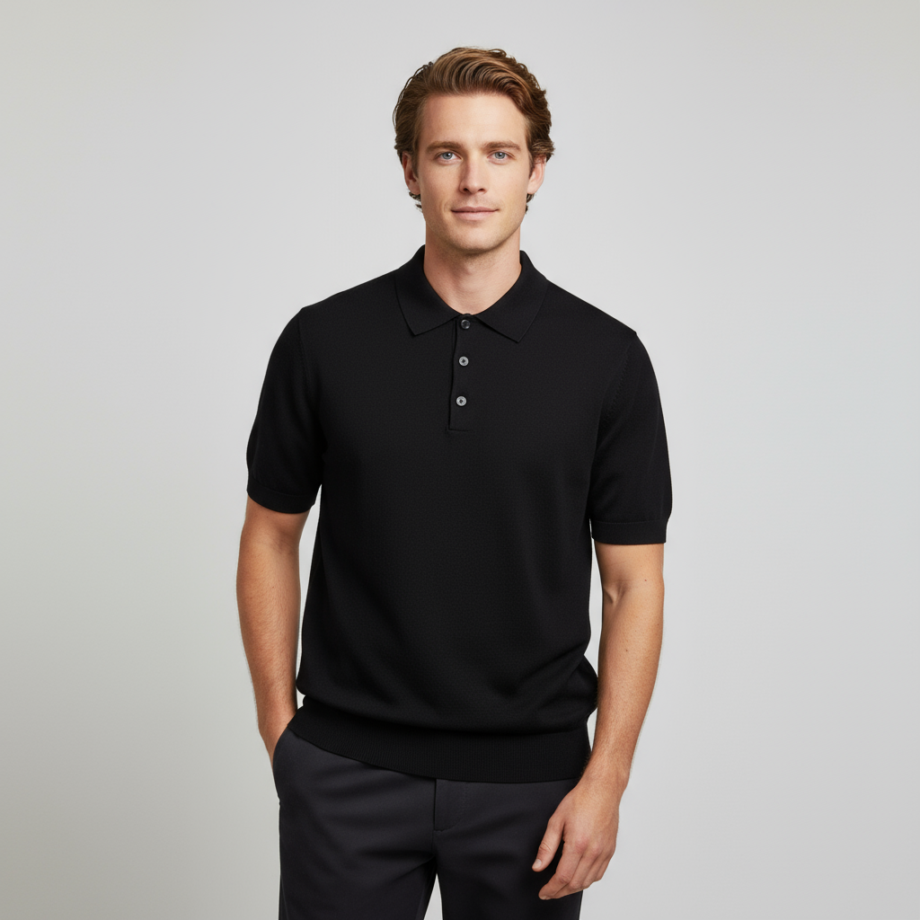 Мужское черное гладкое трикотажное поло - FNJIA Custom Apparel Service