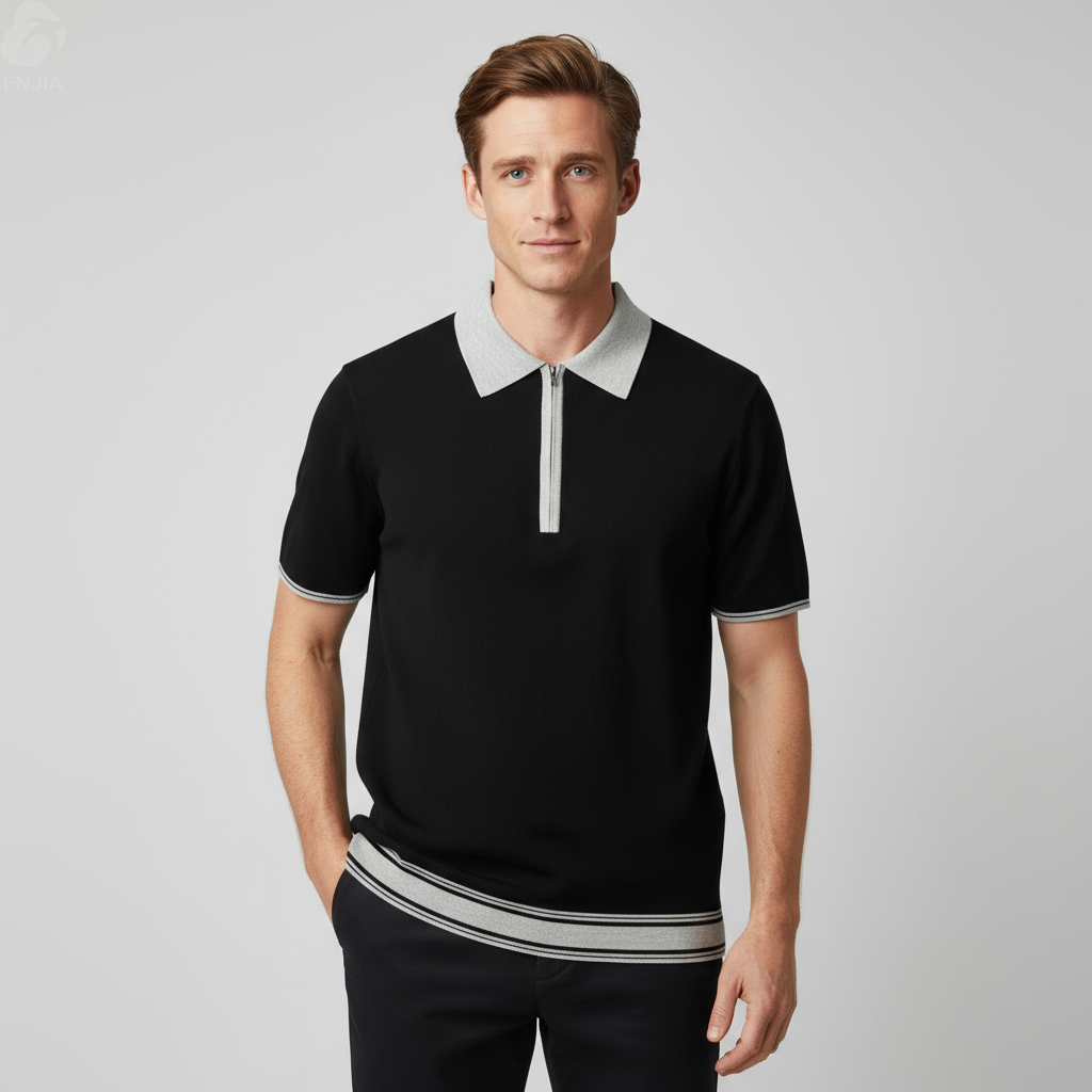 Мужское вязаное поло черного и серого цветов с контрастной отделкой - FNJIA Custom Apparel Service