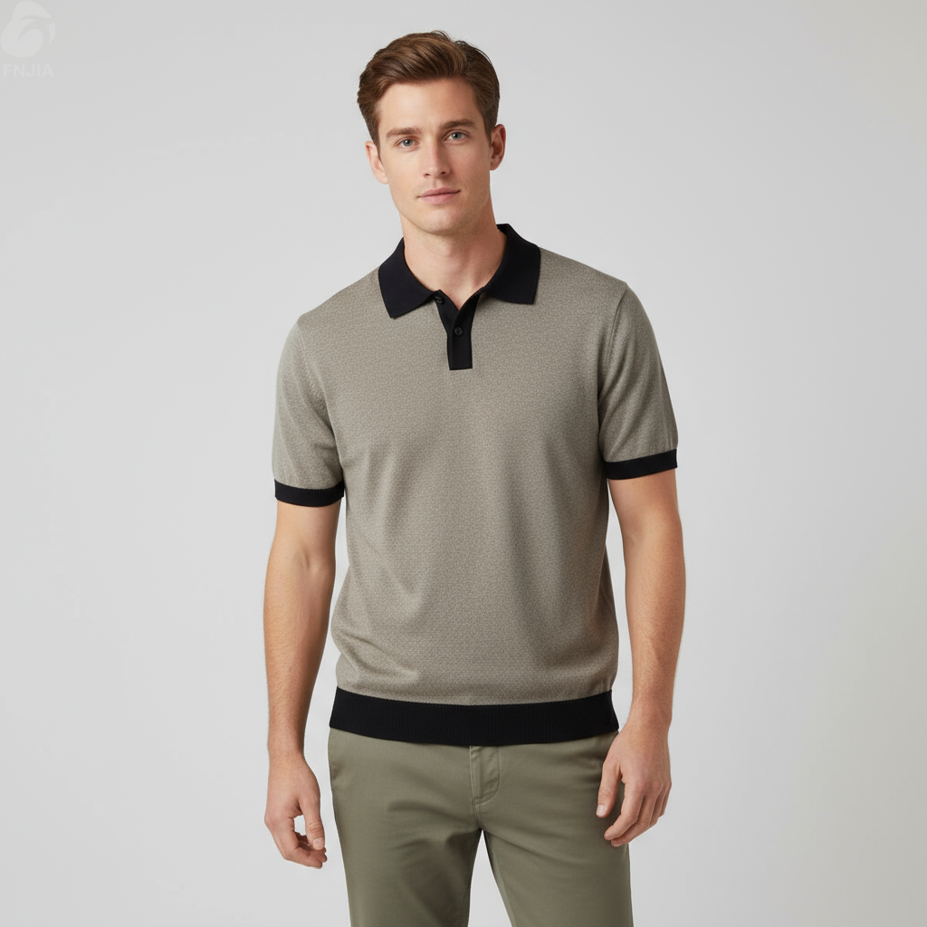 Мужское поло из контрастного трикотажа бежевого и темно-синего цветов - FNJIA Custom Apparel Service