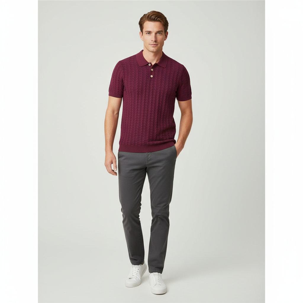 Мужская рубашка поло темно-бордового цвета из геометрической вязки с нестандартной текстурой и материалом