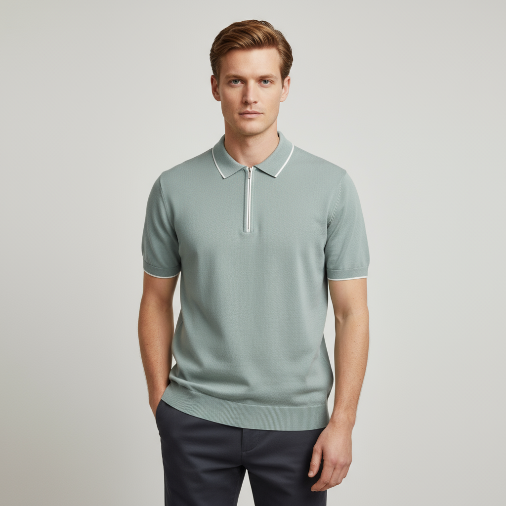 Мужской трикотаж с контрастной отделкой цвета шалфея, наполовину застегивающийся на молнию. Услуга по пошиву одежды Polo - FNJIA на заказ