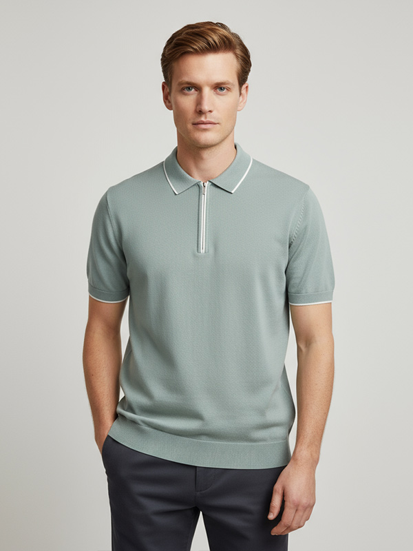 Мужской трикотаж с контрастной отделкой цвета шалфея, наполовину застегивающийся на молнию. Услуга по пошиву одежды Polo - FNJIA на заказ